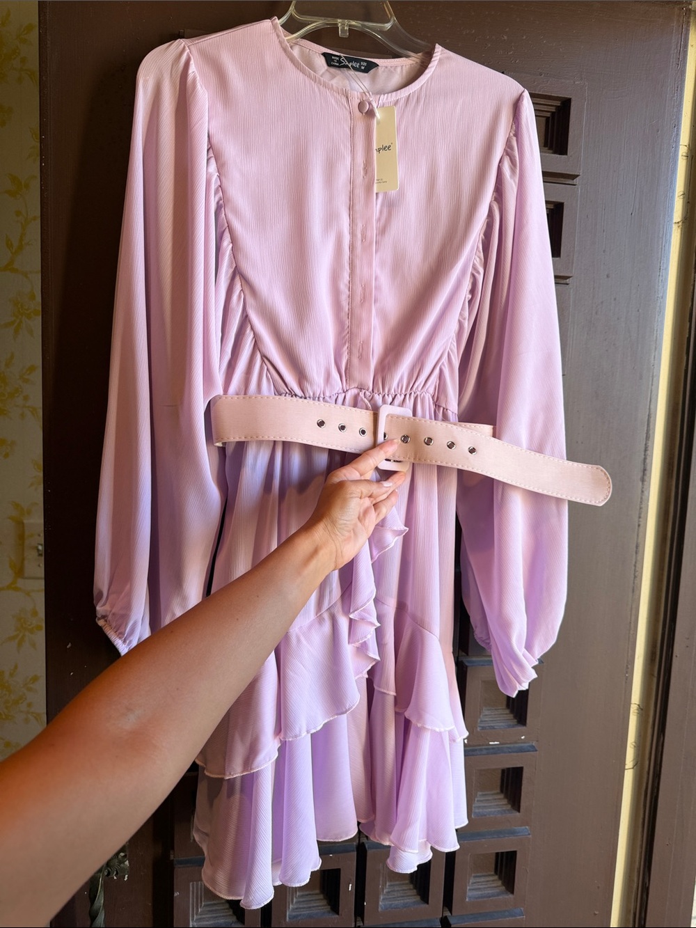 Simplee Apparel Lilac Ruffle-Tiered Mini Dress with Matching Belt